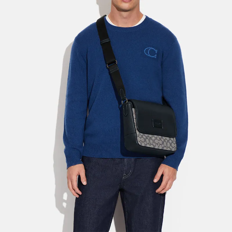 COACH Map Cow Leather Patchwork With Fabric Shoulder Bag Crossbody Bag Medium Size Men's Midnight Blue & Gray-3
