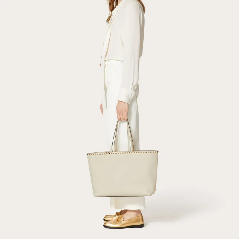 Valentino Rockstud Grained Calfskin Tote Shoulder Bags Handbags Large Size Women's Light Ivory-3