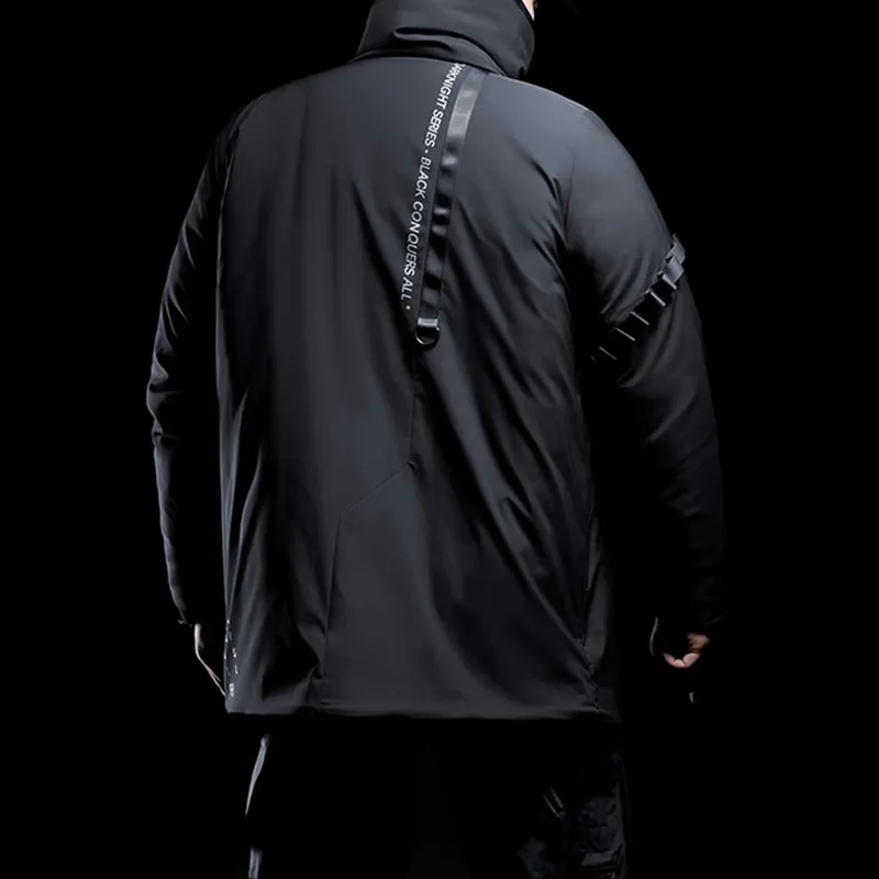 Monster Guardians Letter Stand Collar Loose Fit Thickened Mid Length Puffer Jacket Men's Resolute Black-1