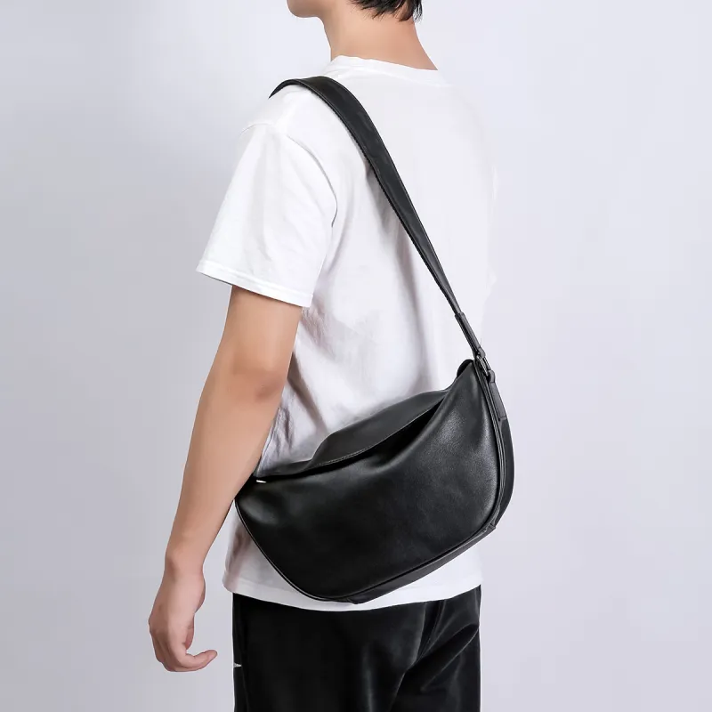 Ace Paul Cow Leather Crescent Bag, Small Square Bag, Shoulder Bag, Crossbody Bag Medium Size Unisex Black-7