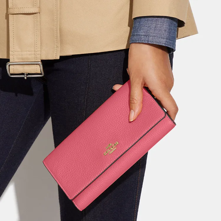 COACH Trifold Wallet Pebbled Leather Clutches Card Holder Wallet Women's Watermelon Red-2