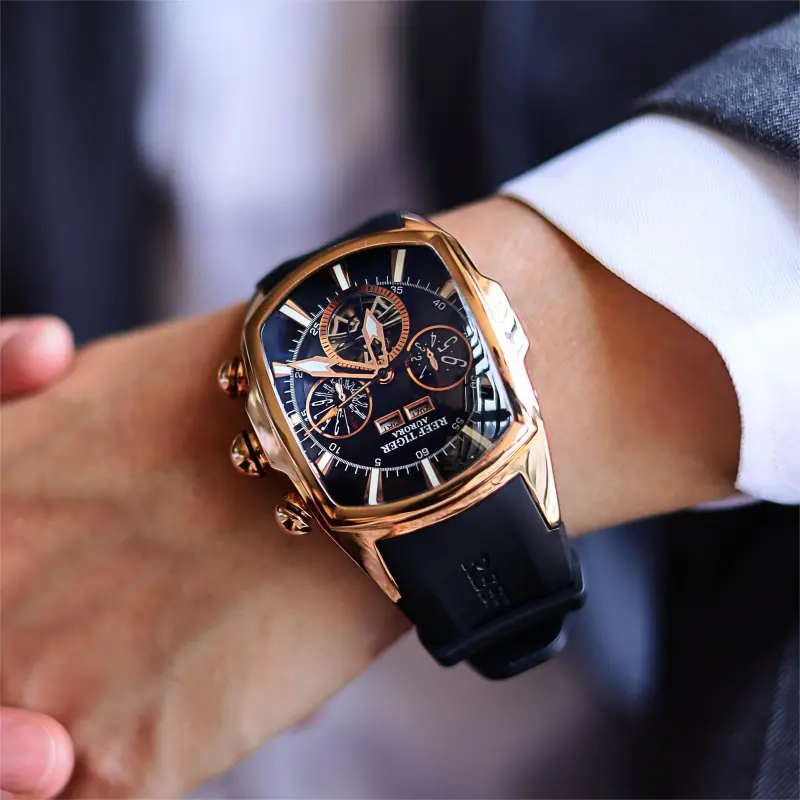 REEF TIGER Aurora Collection Tank II Automatic Mechanical Movement Watch Men's Watches Black Dial-4