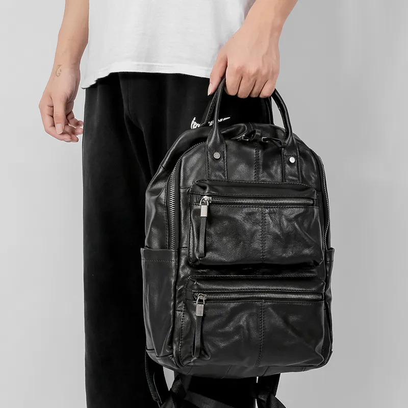 Ace Paul Top Grain Cow Leather Backpack Large Size Men's Black-7
