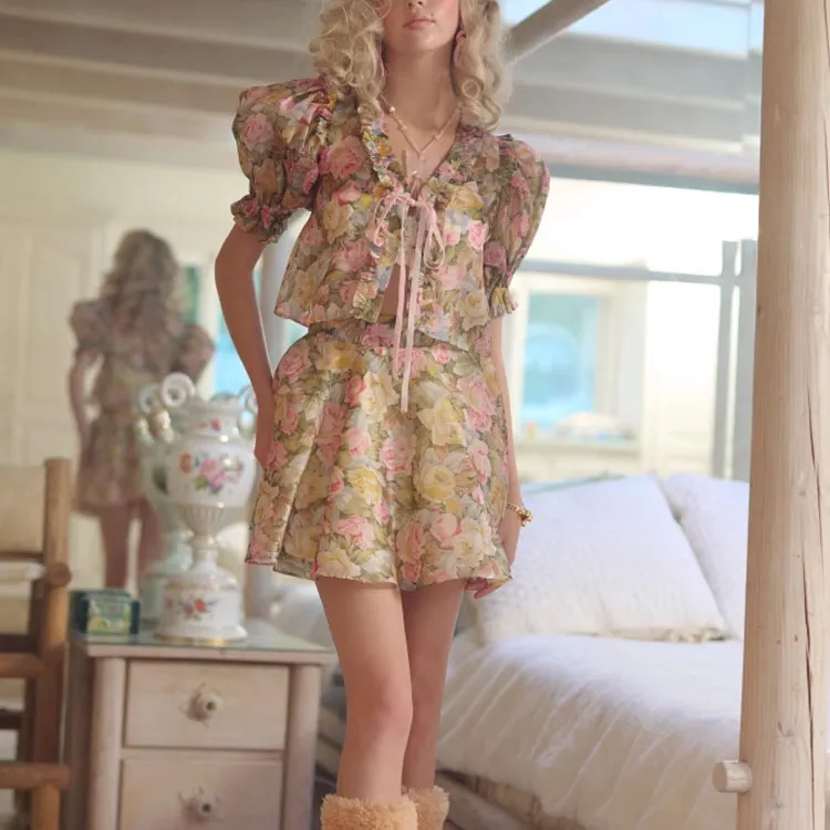 Selkie Shirt Matching Sets Women's Multicolor Dazzling Rose Print-3