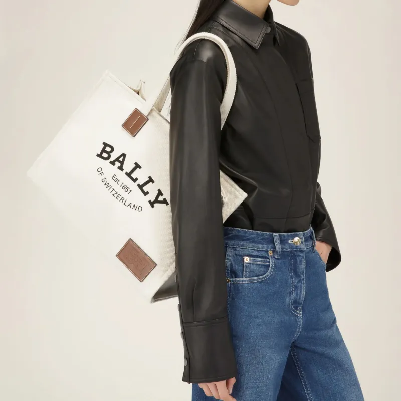 BALLY Fabric Cow Leather Patchwork Tote Bag Shopping Bag Handbag Shoulder Bags Women's Ecru-7