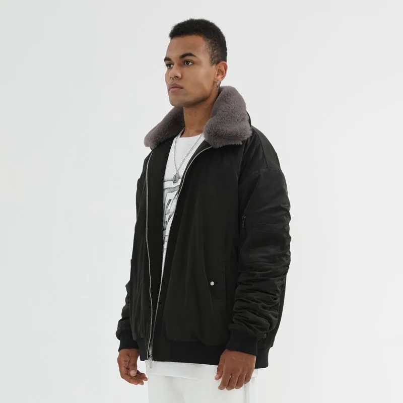PCMY x Genesiszero Solid Color Fur Collar Loose Fit Puffer Jacket Unisex Black-4