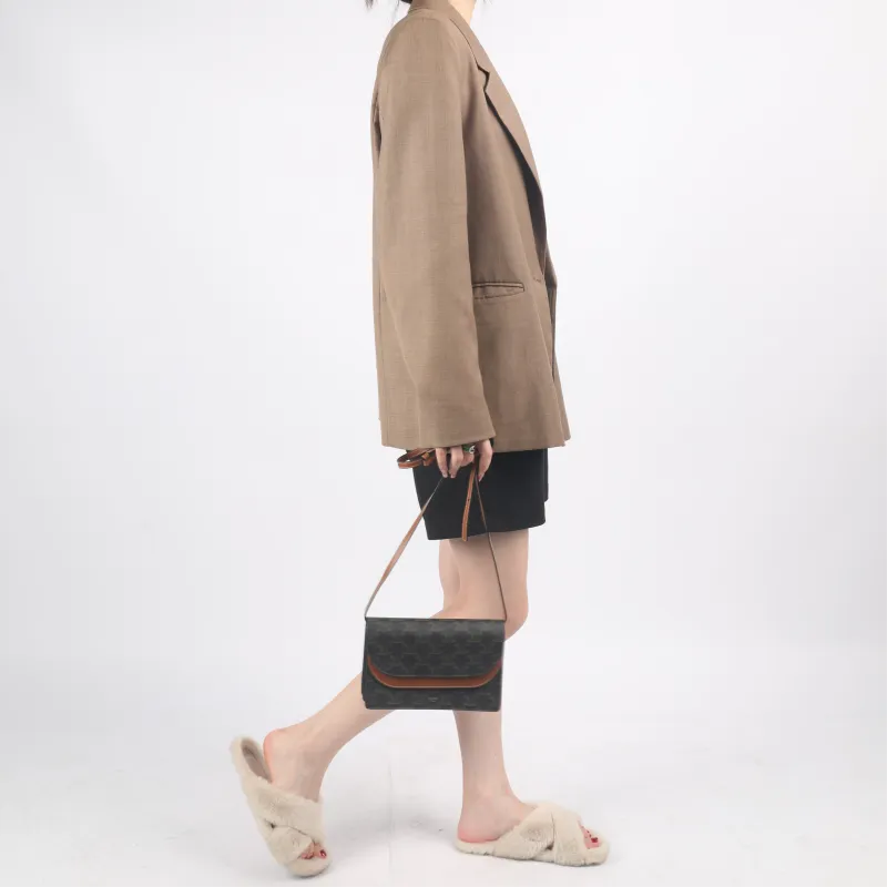 CELINE Triomphe Coated Canvas With Lambskin Trim Wallets Shoulder Bag Crossbody Bag Regular Women's Tawny-4
