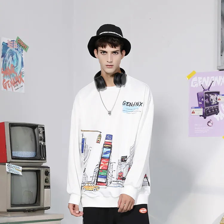GENANX Crew Neck Loose Fit Heavyweight Sweatshirt Unisex White-2