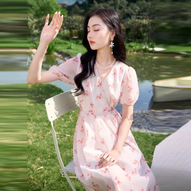 XIANGYING Short Sleeved Dress Women's Pink-1