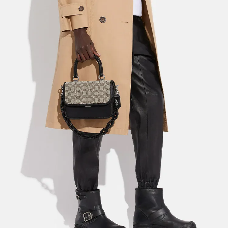 COACH Rogue Fabric With Glove Tanned Leather Shoulder Bag, Crossbody Bag, Handbag Trumpets Women's Taupe & Black-3