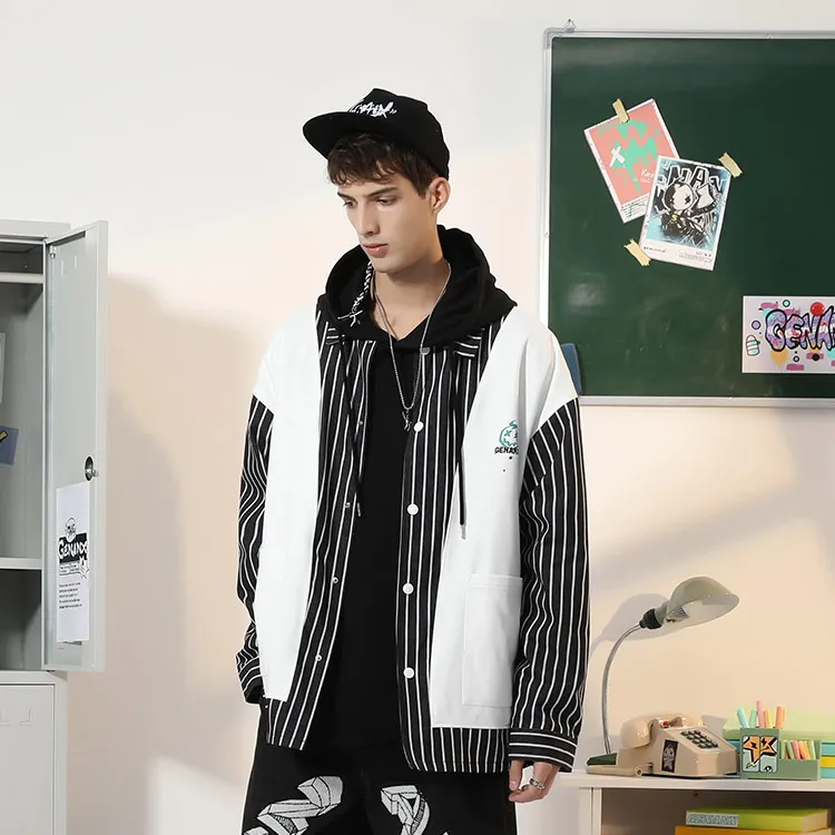GENANX Loose Fit Mock Two Piece Jacket Unisex Black White-3