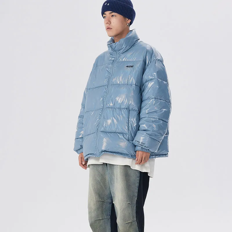 F426 Letter Solid Color Shiny Stand Collar Loose Fit Puffer Jacket Unisex-4