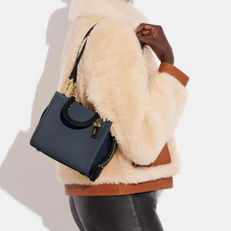 COACH Rogue Leather Handbag Shoulder Bag Crossbody Bag Small Size Women's Dark Denim Blue Color-3