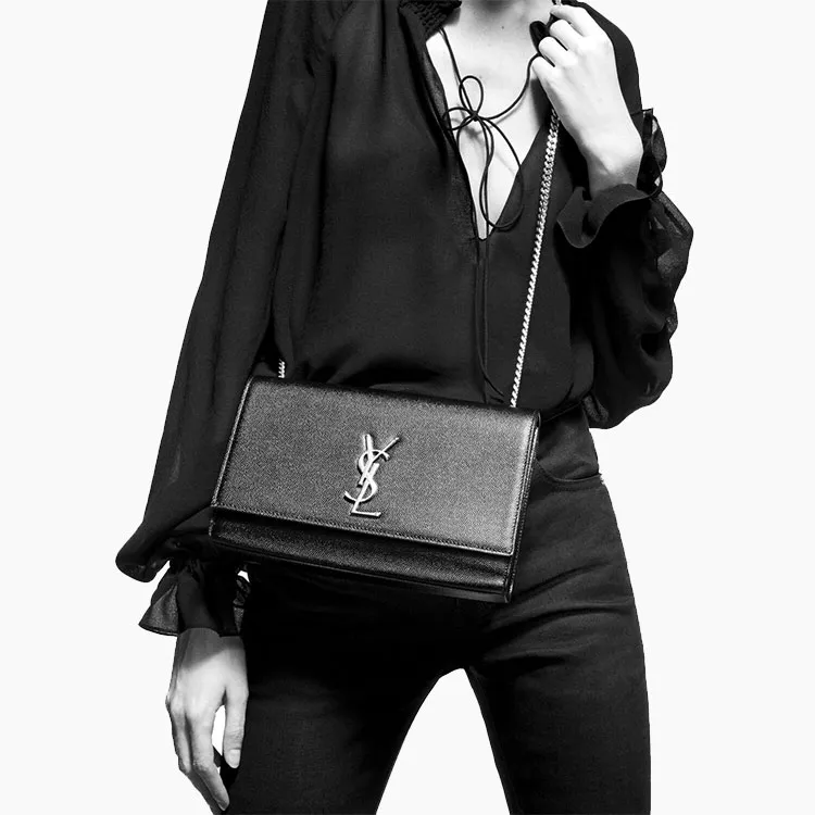 SAINT LAURENT Kate Medium Chain Bag In Grain De Poudre Silver tone Black-4