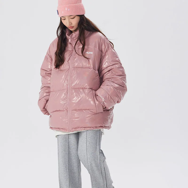 F426 Letter Solid Color Shiny Stand Collar Loose Fit Puffer Jacket Unisex-8