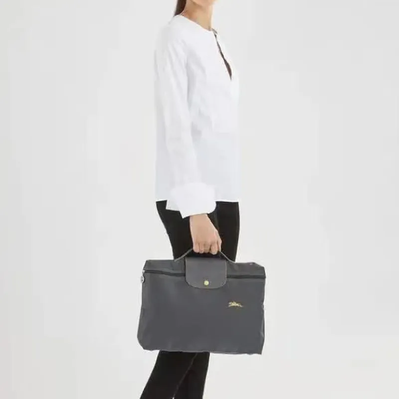 LONGCHAMP Le Pliage Club Large Cow Leather Trim Handbags Briefcases Small Size Unisex Metal Gray-4