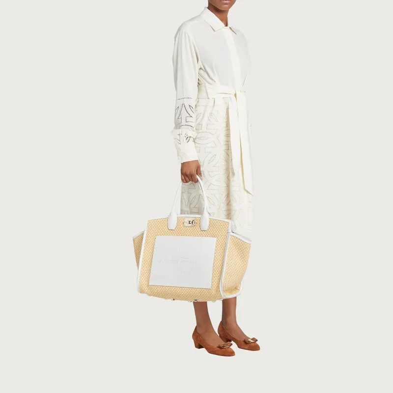FERRAGAMO Studio Fabric Cow Leather Patchwork Handbag Extra Large Women's White-5