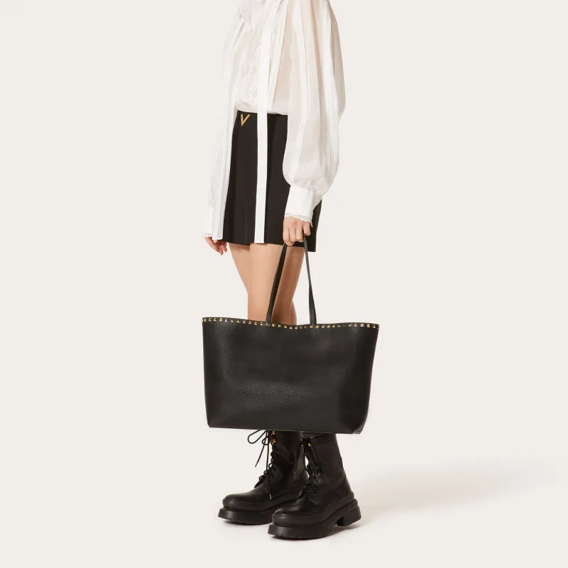 Valentino Rockstud Grain Calfskin Tote Shoulder Bag, Handbag Women's Black-5