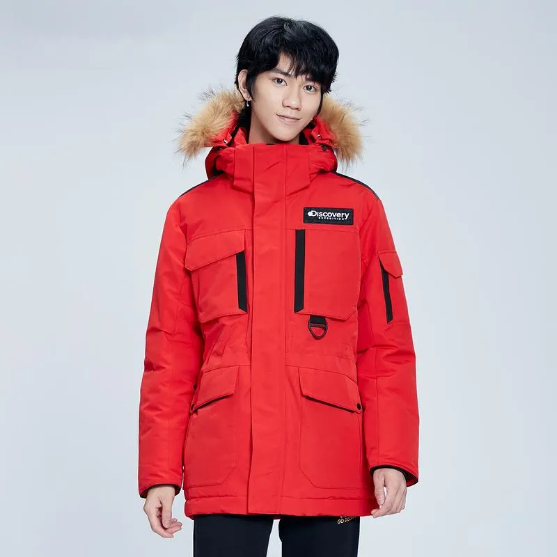 Discovery Expedition Solid Color Letters Detachable Hood Thickened Mid Length Down Jacket Men's-2
