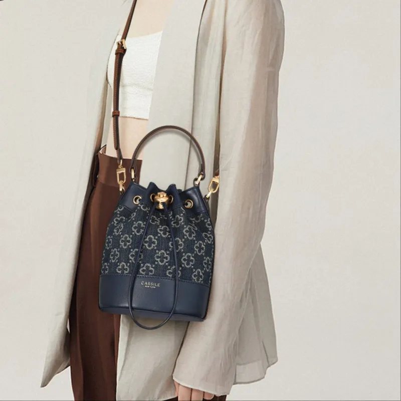 CASSILE Denim One Shoulder Crossbody Small Bag Portable Denim Canvas Bag Small Size Women's Royal Blue With Cognac-4