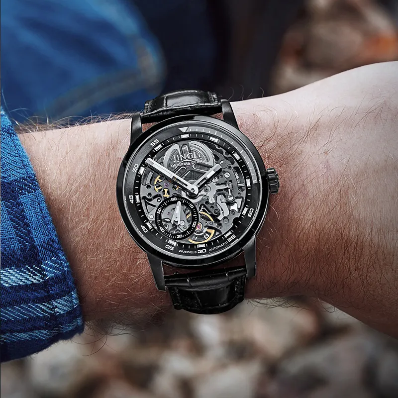 JINLERY Machine Automatic Mechanical Movement Genuine Leather Strap Watch Men's Watches Cut-Out Dial J9033-1