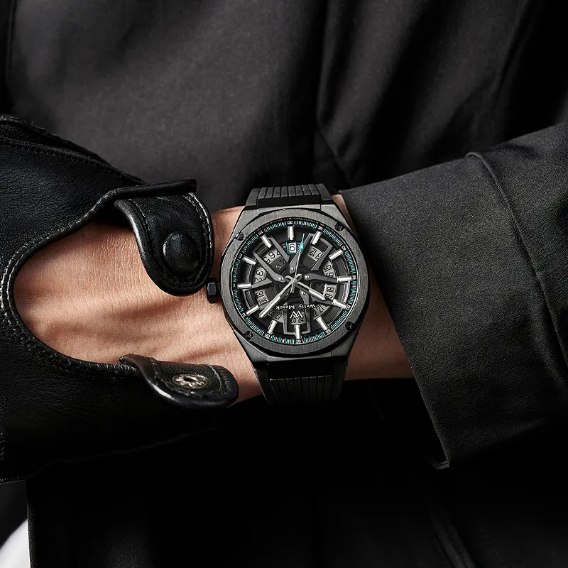 Welly Merck Automatic Mechanical Movement Men's Watches Wrist Watches Black Dial Rubber Strap-4