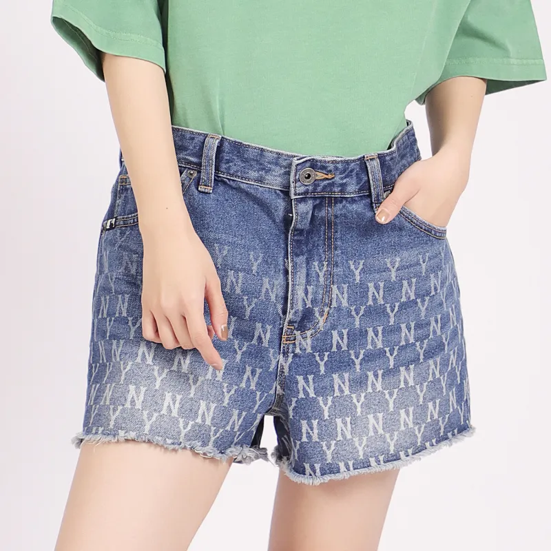 MLB Old Flower Denim Shorts Women's Blue-1