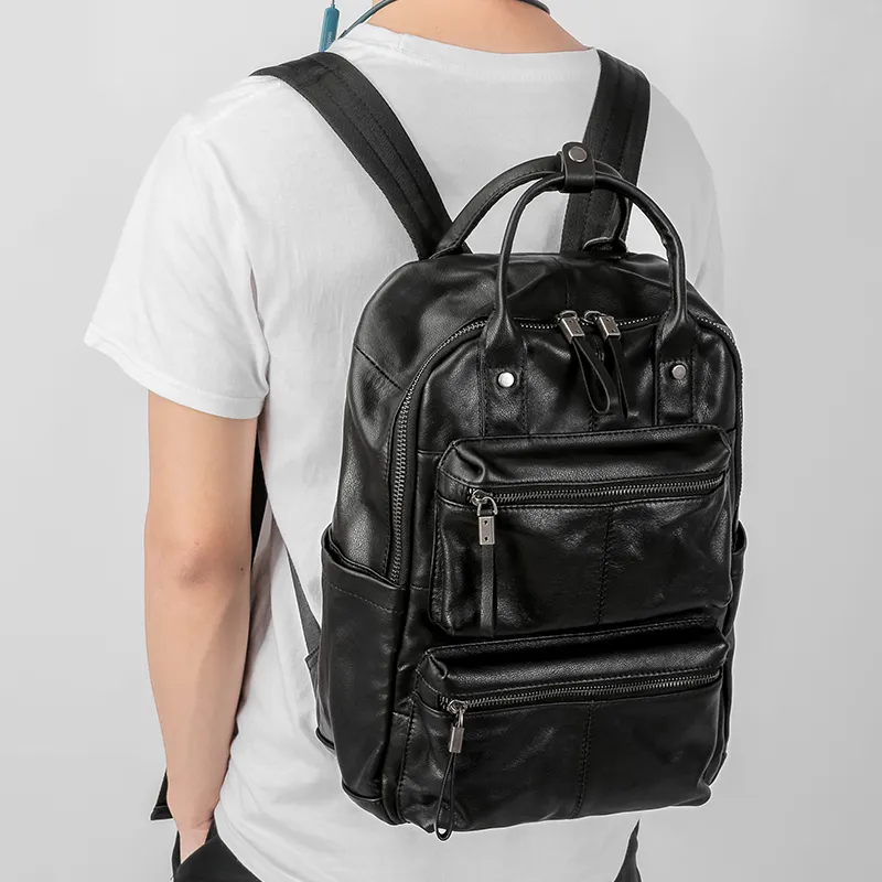Ace Paul Top Grain Cow Leather Backpack Large Size Men's Black-6