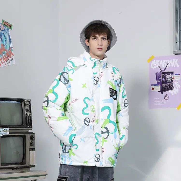 GENANX Letter Stand Collar Loose Fit Puffer Jacket Unisex White Green-3