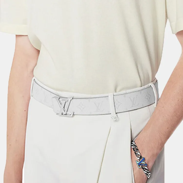 LOUIS VUITTON Double-Sided Belt Logo Plate Buckle Leather Belts Men's White/Green-3
