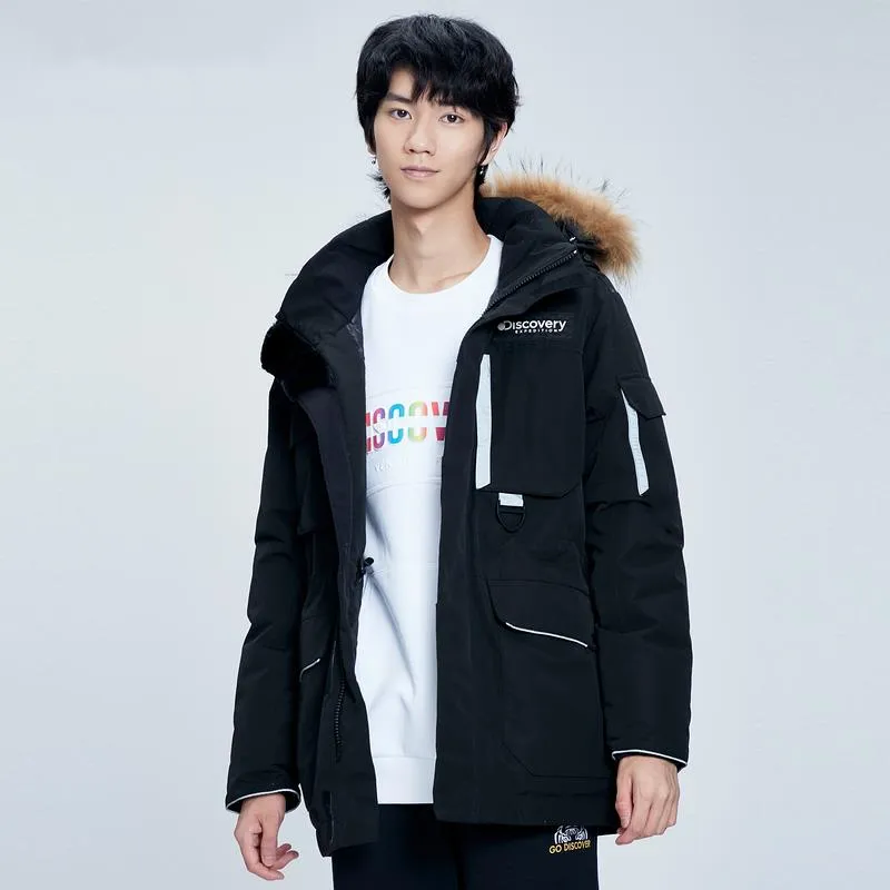 Discovery Expedition Solid Color Letters Detachable Hood Thickened Mid Length Down Jacket Men's-11