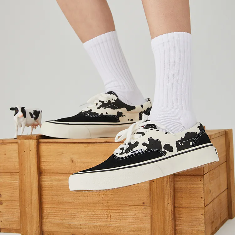 Vision Street Wear Trainers Plus Low Top Skateboard Shoes Unisex Black White Cow Pattern-8