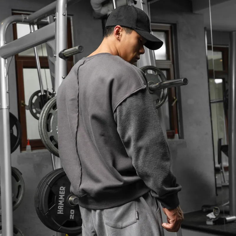 LUJIAMEN Crew Neck Loose Fit Regular Sweatshirt Men's Gray-4