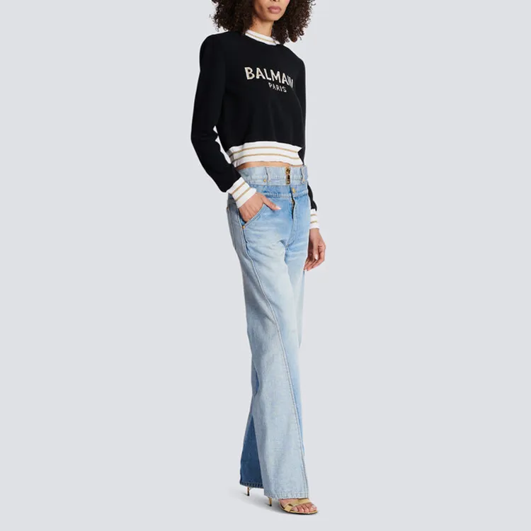 BALMAIN Logo Intarsia Knitted Cropped Jumper 'Black/Natural/Gold'-2