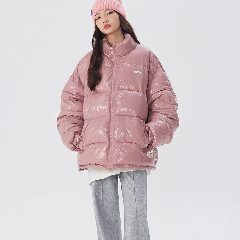 F426 Letter Solid Color Shiny Stand Collar Loose Fit Puffer Jacket Unisex-7