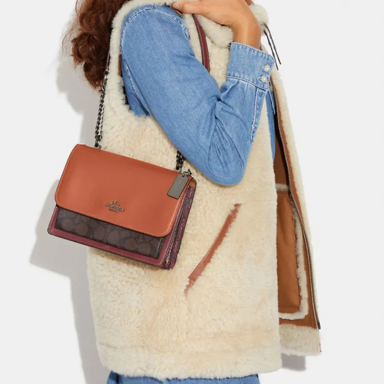 COACH Klare Cow Leather Chain Bag Shoulder Bag Crossbody Bag Small Size Women's Late Sunset & Antique Brown-3