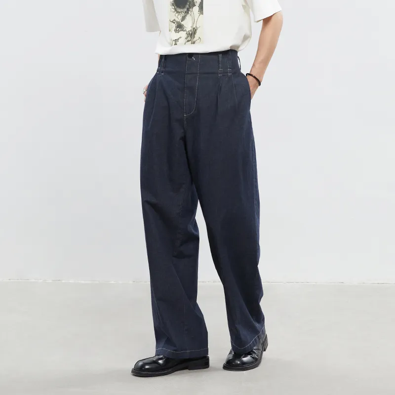OPICLOTH Straight Thin Jeans Unisex Navy Blue-3