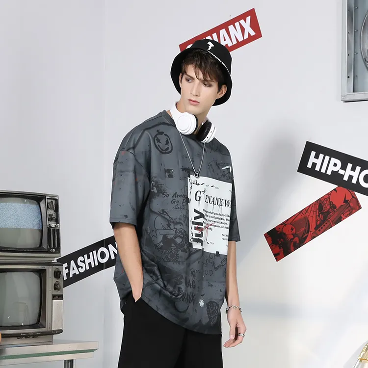 GENANX Straight Elbow Length Sleeved T Shirt Unisex Black Gray Color-4