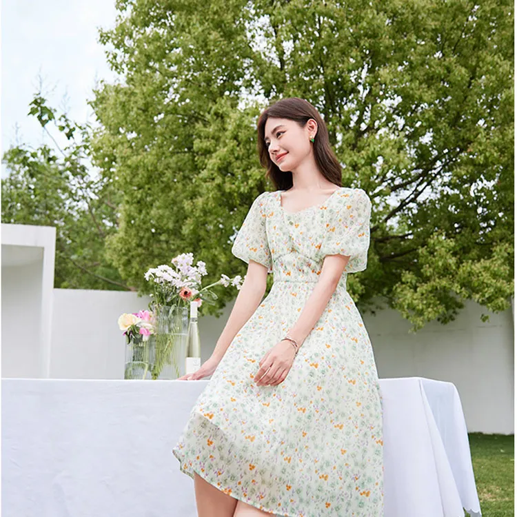 XIANGYING Short Sleeved Dresses Women's Fruit Green-2