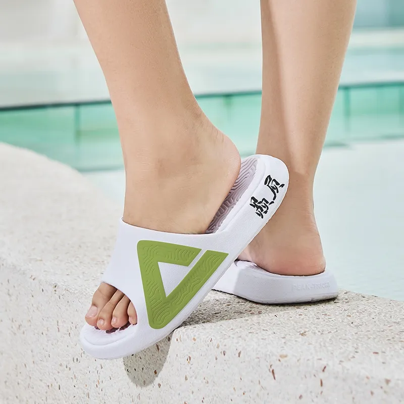 PEAK Tai Ji1.0 Rubber Sole Quiet Slip Resistant Abrasion Resistant Slide Slippers Unisex White Green-2