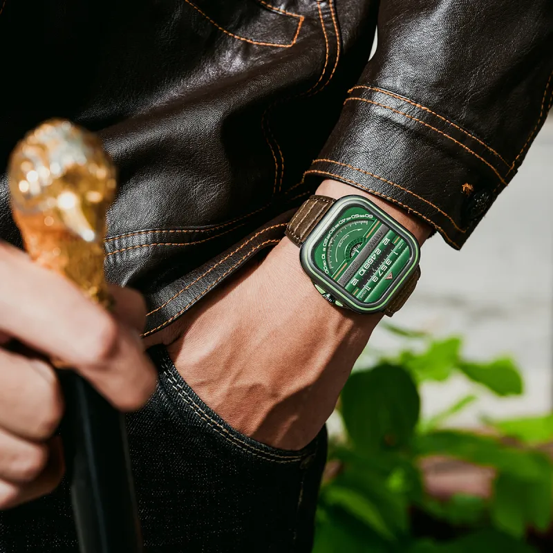 ATOWAK PRO Wrist Watch Mechanical Movement Genuine Leather Strap Green Dial Men's Watches WS12-S2971-3