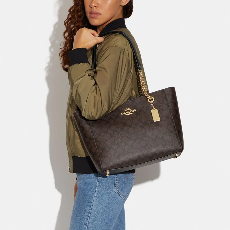 COACH Cammie Artificial Leather Tote Bag, Shopping Bag, Shoulder Bag, Handbag Large Size Women's Brown & Black-3