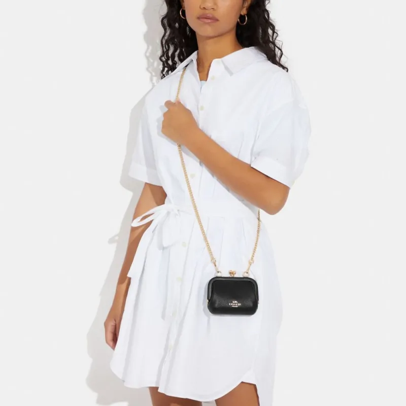 COACH Kisslock Cow Leather Shoulder Bag, Crossbody Bag, Wallet Mini Women's Black-4