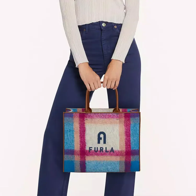 Furla Opportunity Wool Tote Bag Shopping Bag Handbag Large Size Women's White & Blue-4