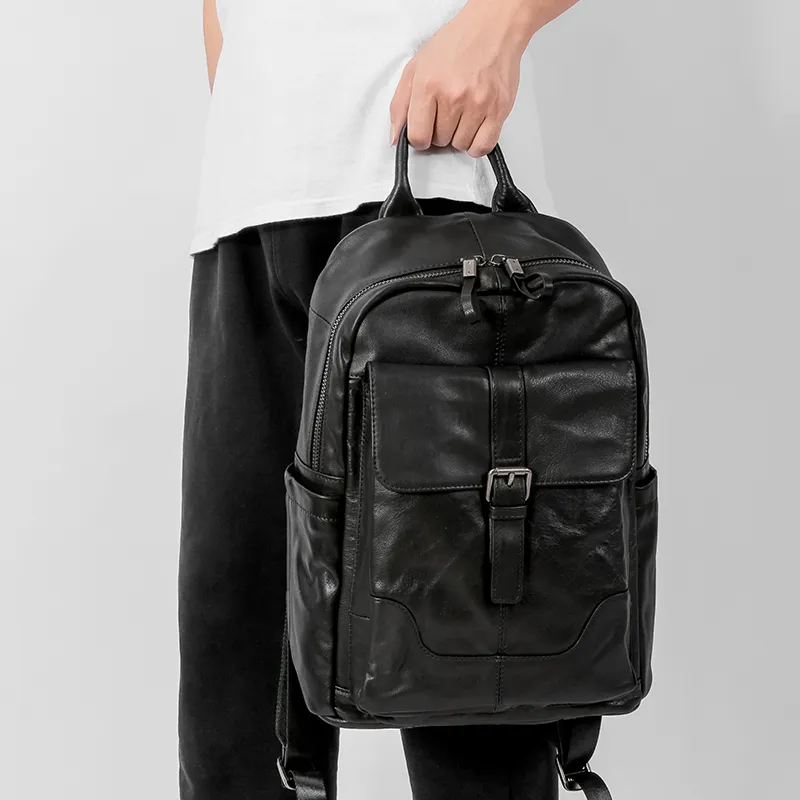 Ace Paul Top Grain Cow Leather Backpack Large Size Unisex Black-6