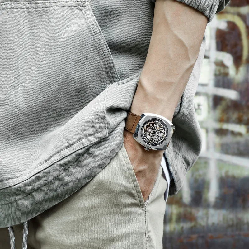 Sea Gull Edge Collection Automatic Mechanical Movement Genuine Leather Strap Watch Men's Watches Cut Out Dial-6