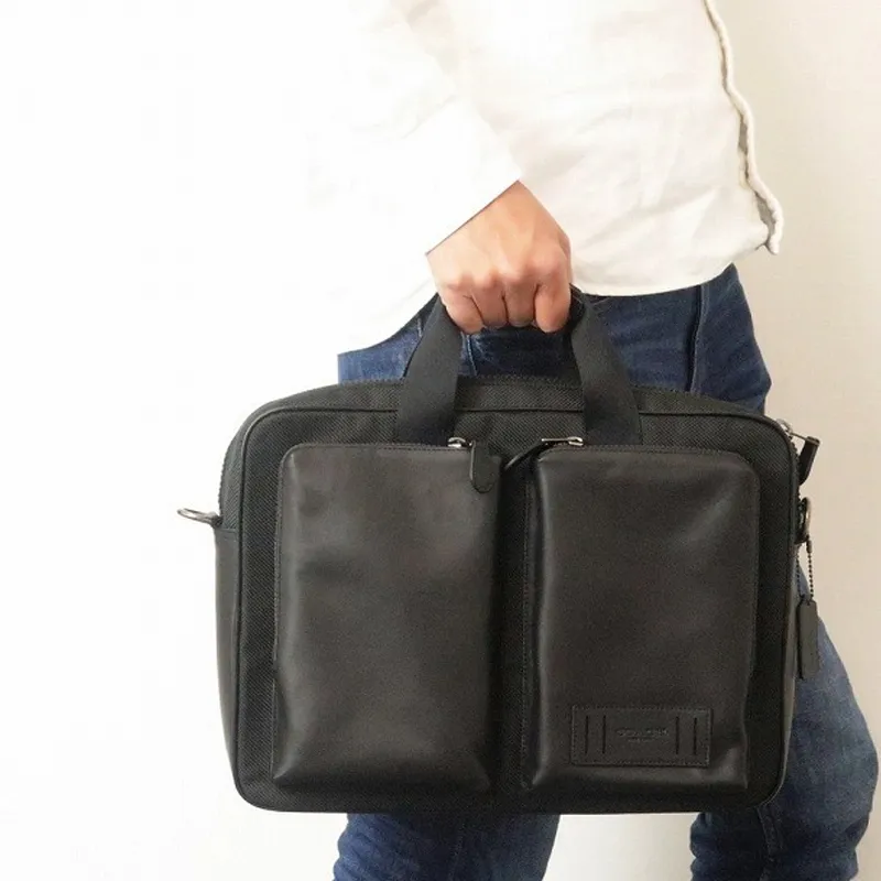 COACH Cowhide Leather Laptop Bag, Briefcase, Briefcase, One Shoulder Handbag Large Size Men's Black-4