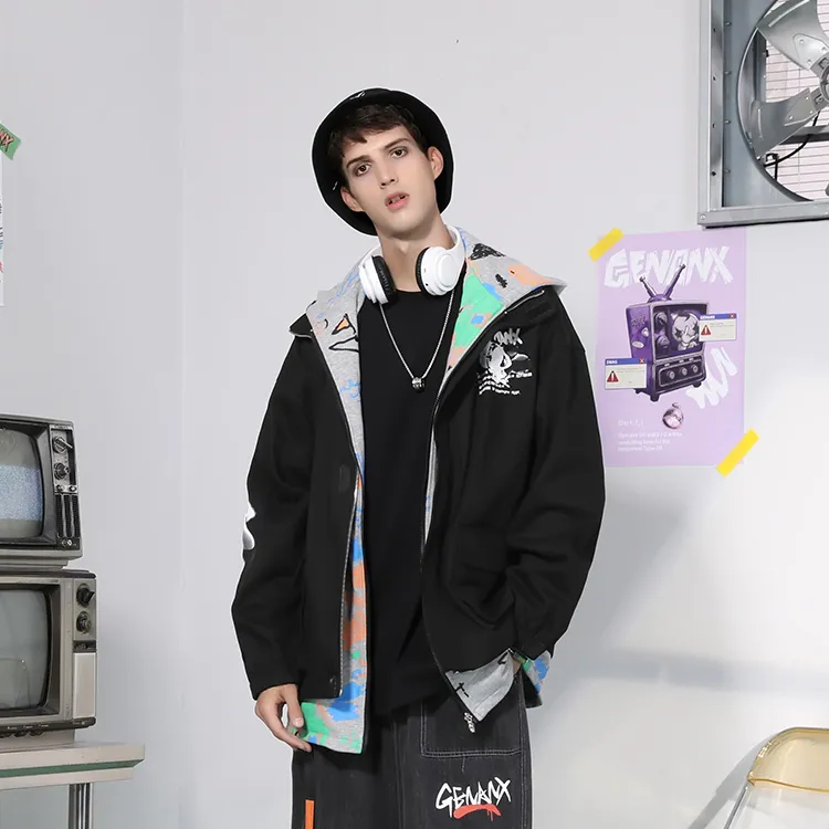 GENANX Loose Fit Mock Two Piece Jacket Unisex Black Gray-4