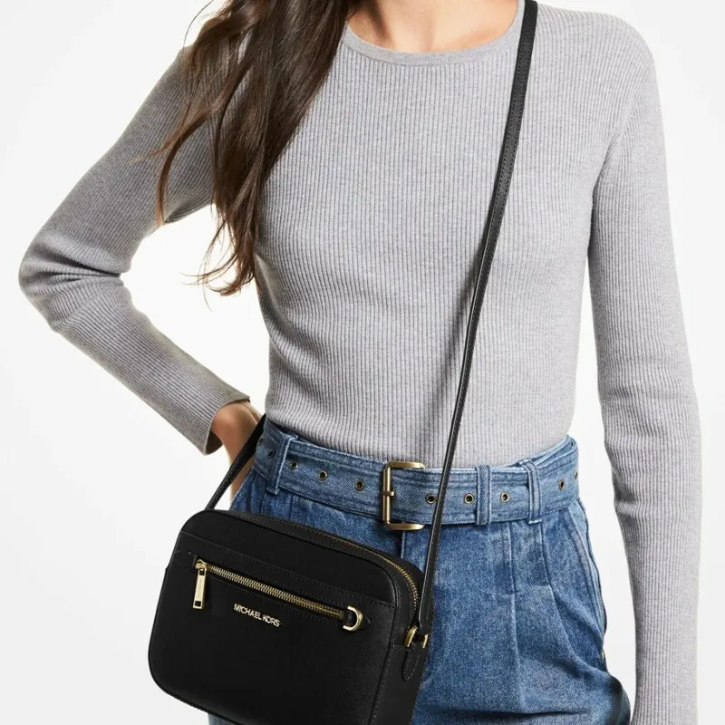 Michael Kors Jet Set Large Zip Chain Crossbody Bag Shoulder Black Leather Gold-7