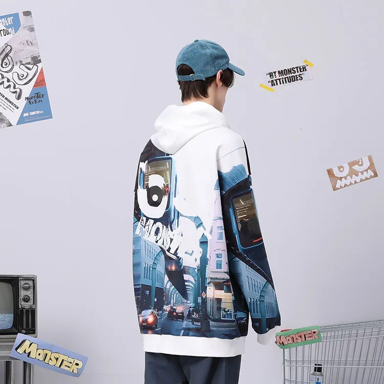 Bt Hooded Loose Fit Sweatshirt Unisex White Blue-8